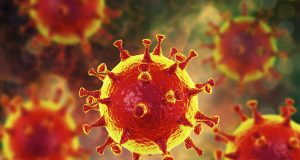 alt="Middle East Respiratory Syndrome Coronavirus (MERS-CoV) particles (virions), computer illustration. Formerly known as novel coronavirus, MERS was first identified in Saudi Arabia in 2012. Most people infected with MERS develop severe acute respiratory illness with symptoms of fever, cough, and shortness of breath."