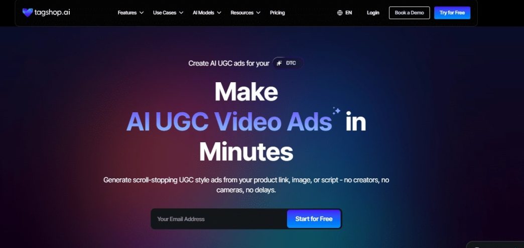 Tagshop AI video agent interface demonstrating automated UGC video ad creation and editing capabilities