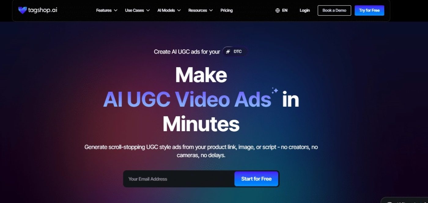 Tagshop AI video agent interface demonstrating automated UGC video ad creation and editing capabilities