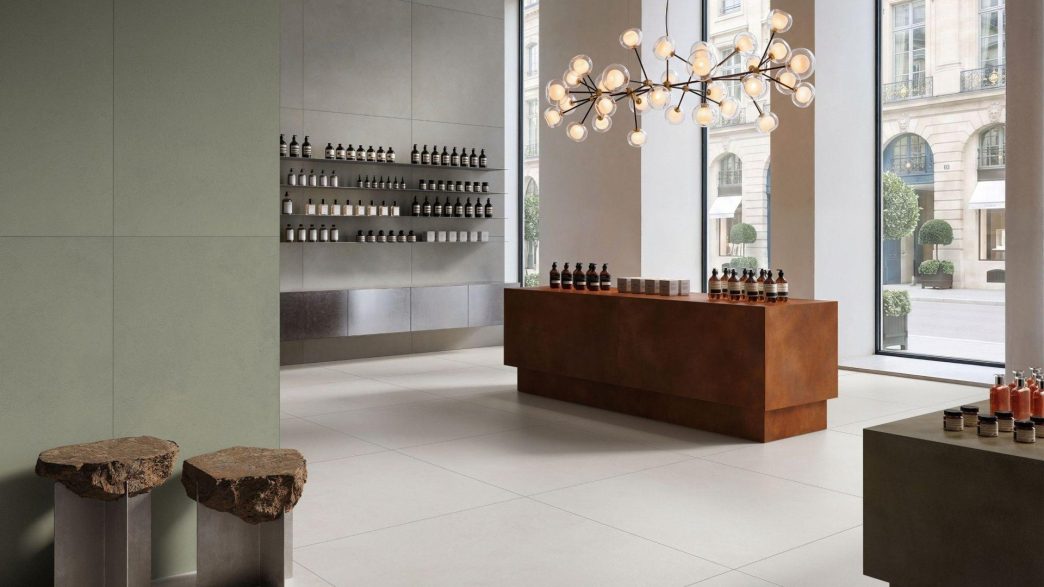 VitrA Tiles showroom interior with large-format tiles: Ceramics Maker VitrA Tiles Rolls Out "The Code" and a Revised Set of Design Codes at Cersaie