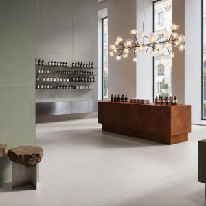 VitrA Tiles showroom interior with large-format tiles: Ceramics Maker VitrA Tiles Rolls Out "The Code" and a Revised Set of Design Codes at Cersaie