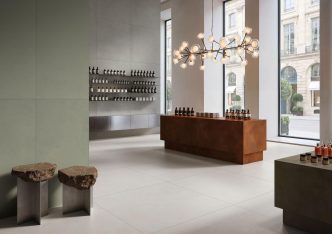 VitrA Tiles showroom interior with large-format tiles: Ceramics Maker VitrA Tiles Rolls Out "The Code" and a Revised Set of Design Codes at Cersaie