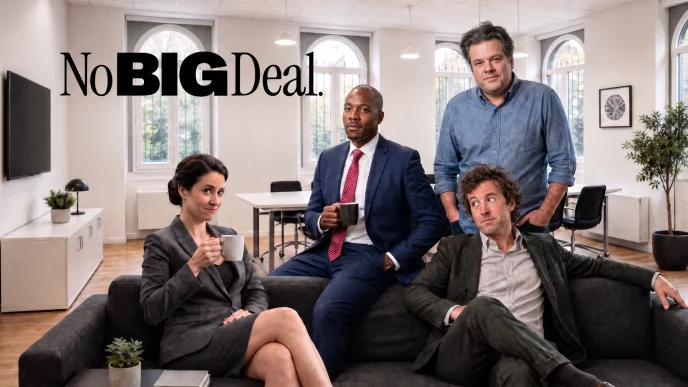 Cast of the British sitcom No Big Deal in the offices of fictional investment firm Janus
