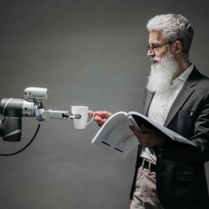 Researcher working with an AI robot assistant