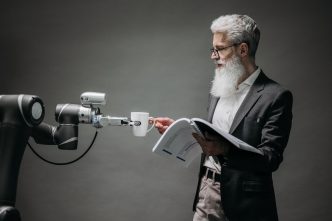 Researcher working with an AI robot assistant