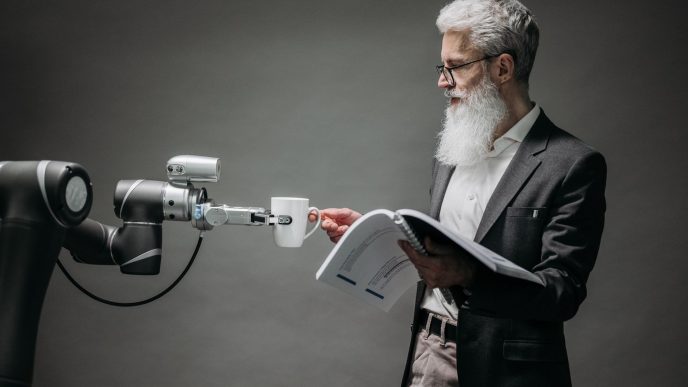 Researcher working with an AI robot assistant