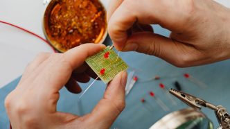 Hands fitting small electronic components onto a printed circuit board