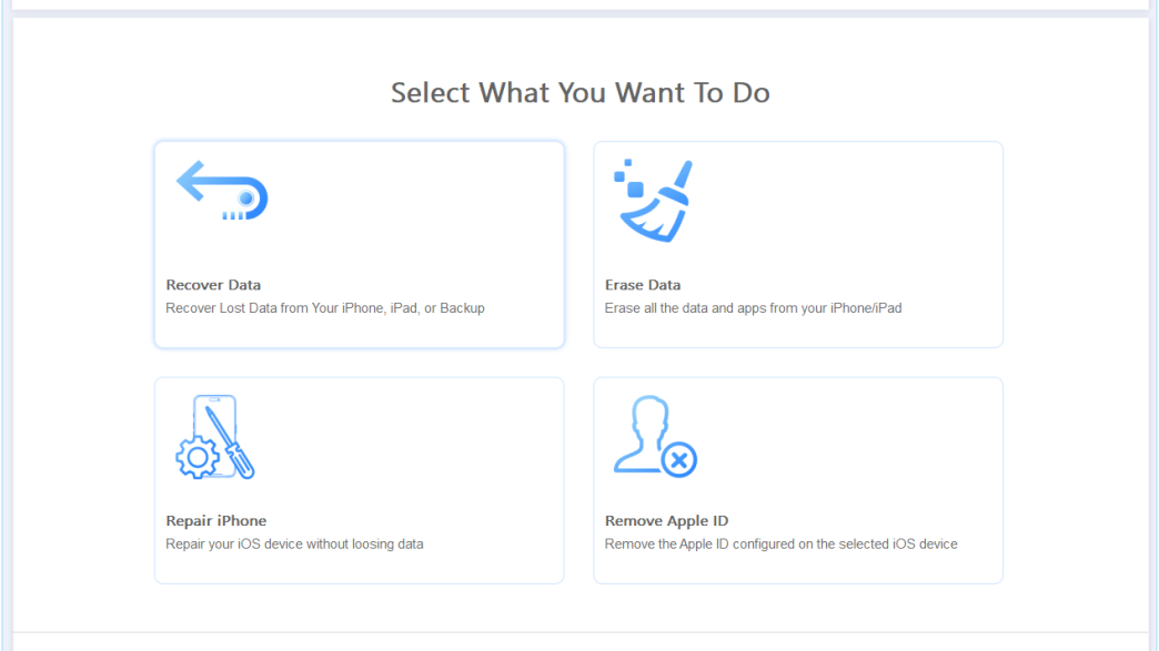 Stellar Toolkit for iPhone home screen with Recover Data, Erase Data, Repair iPhone and Remove Apple ID options: iPhone data recovery