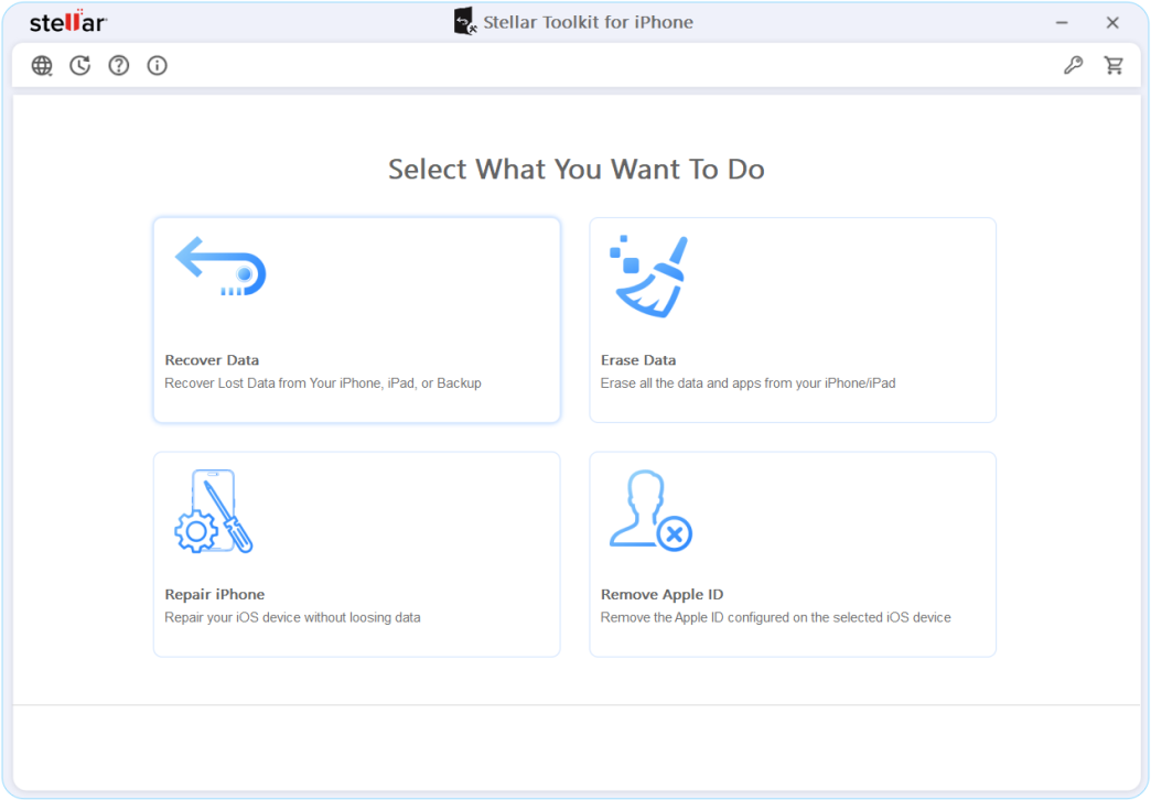 Stellar Toolkit for iPhone home screen with Recover Data, Erase Data, Repair iPhone and Remove Apple ID options: iPhone data recovery