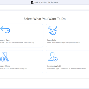 Stellar Toolkit for iPhone home screen with Recover Data, Erase Data, Repair iPhone and Remove Apple ID options: iPhone data recovery