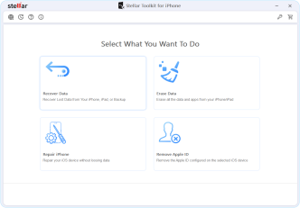 Stellar Toolkit for iPhone home screen with Recover Data, Erase Data, Repair iPhone and Remove Apple ID options: iPhone data recovery