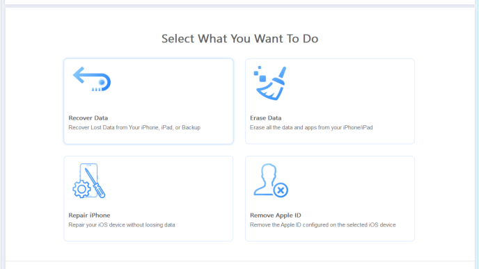 Stellar Toolkit for iPhone home screen with Recover Data, Erase Data, Repair iPhone and Remove Apple ID options: iPhone data recovery